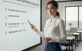 Vrouw geeft uitleg over het gedachtestreepje op digitaal bord in lichte schrijfsalon – illustratie van schrijfstijl, ritme en interpunctie.