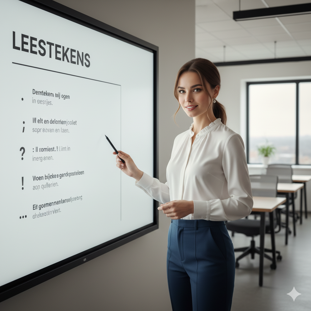 de-kleine-schrijfsalon-leestekens Vrouwelijke schrijfdocent legt leestekens uit op digitaal bord in een lichte schrijfsalon – symbool voor taalgevoel, schrijfstijl en inspiratie.
