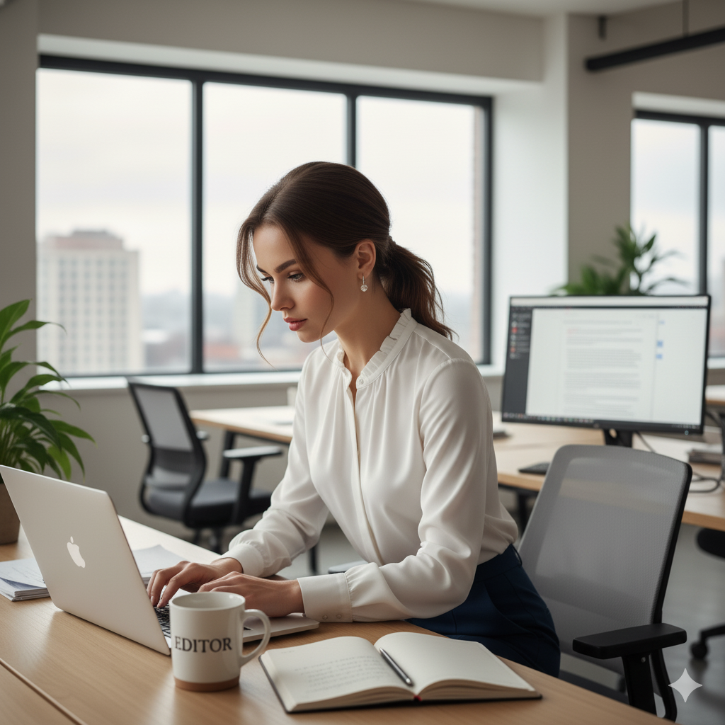 Schrijfster aan het werk in een lichte schrijfsalon, geconcentreerd achter haar laptop met notitieboek en koffiemok op tafel — symbolisch voor inspiratie, stijl en schrijverschap.