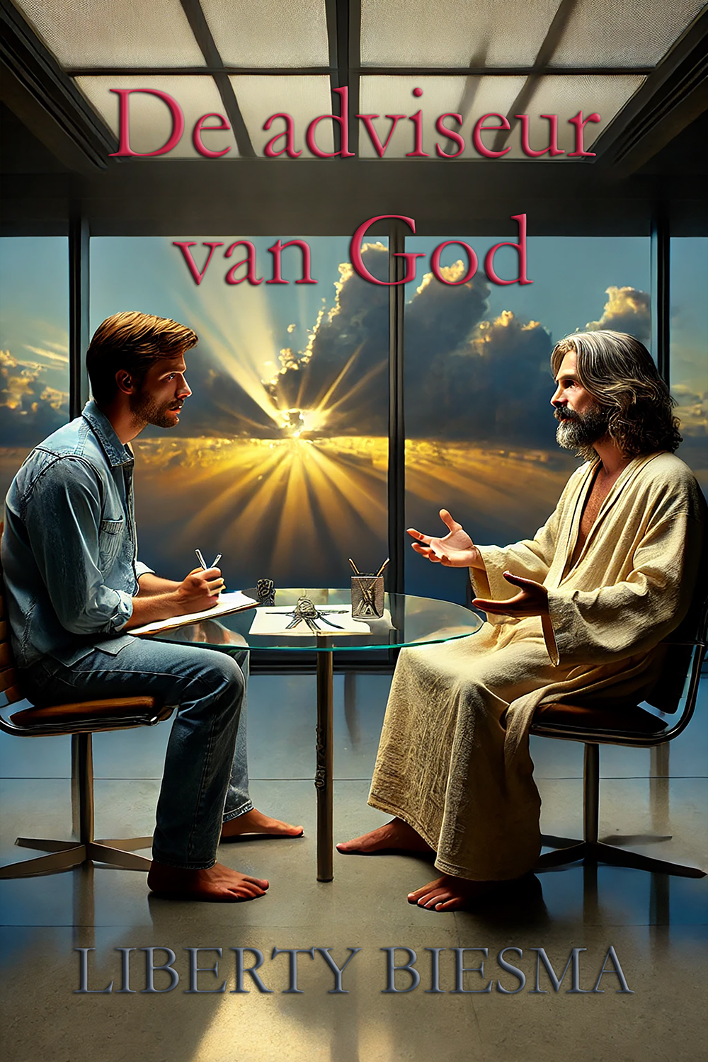 Twee mannen zitten tegenover elkaar aan een glazen tafel bij zonsondergang. De een noteert, de ander — met lang haar en een gewaad — spreekt rustig terwijl hemels licht door de wolken breekt. Symbolische scène voor het verhaal De adviseur van God van Liberty Biesma.