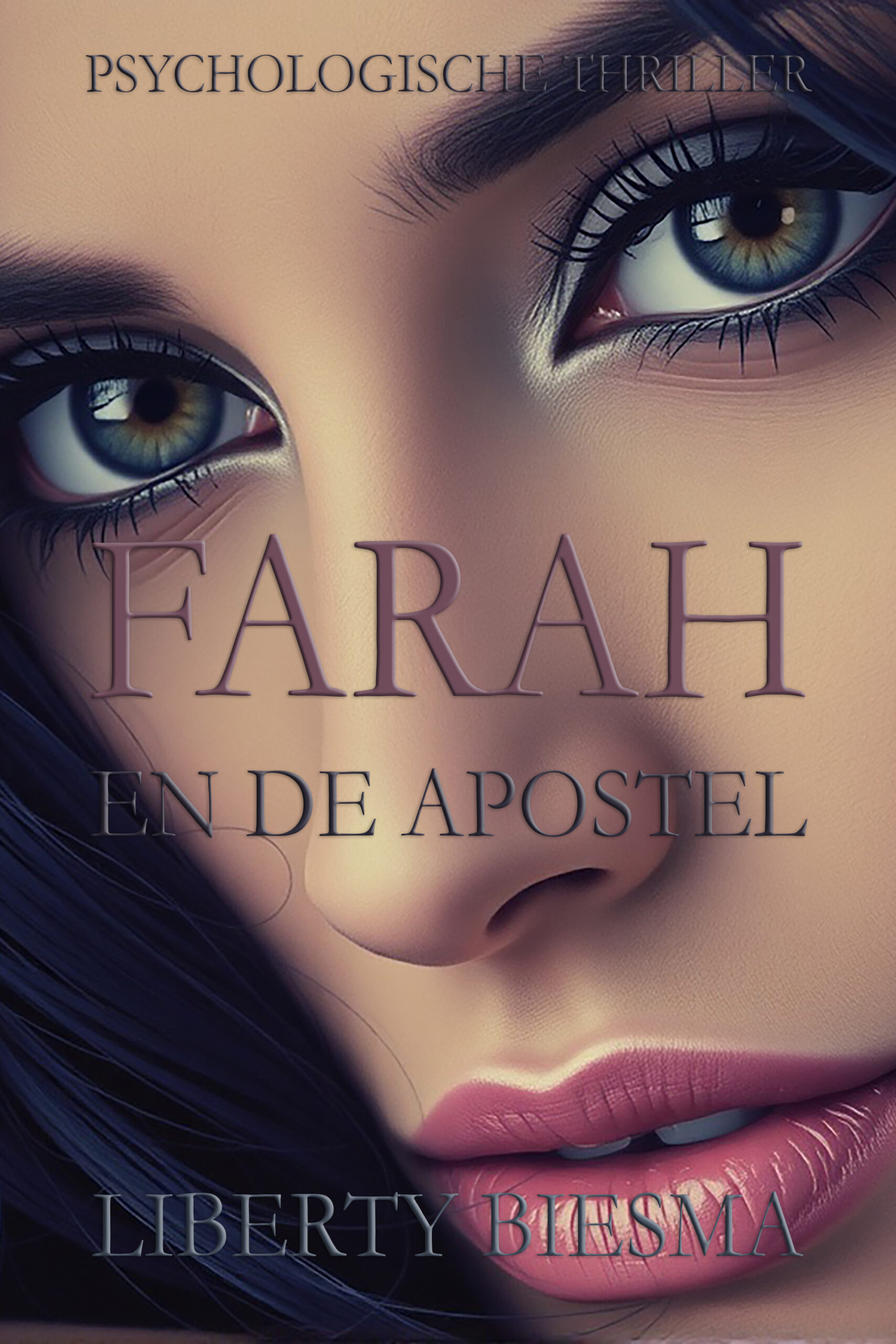 Boekcover Farah en de apostel (Liberty Biesma): close-up illustratie van een vrouwengezicht met groenblauwe ogen en zachte roze lippen.