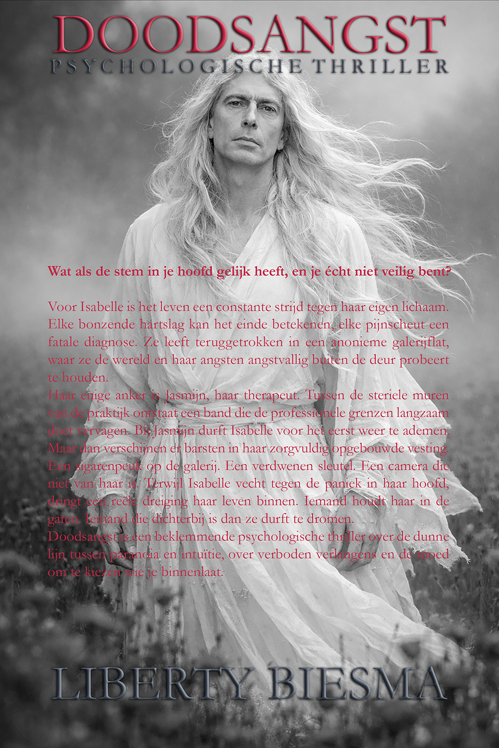 Achterflap van Doodsangst: zwart-wit portret van de auteur met lange wapperende haren en rode achterflaptekst.