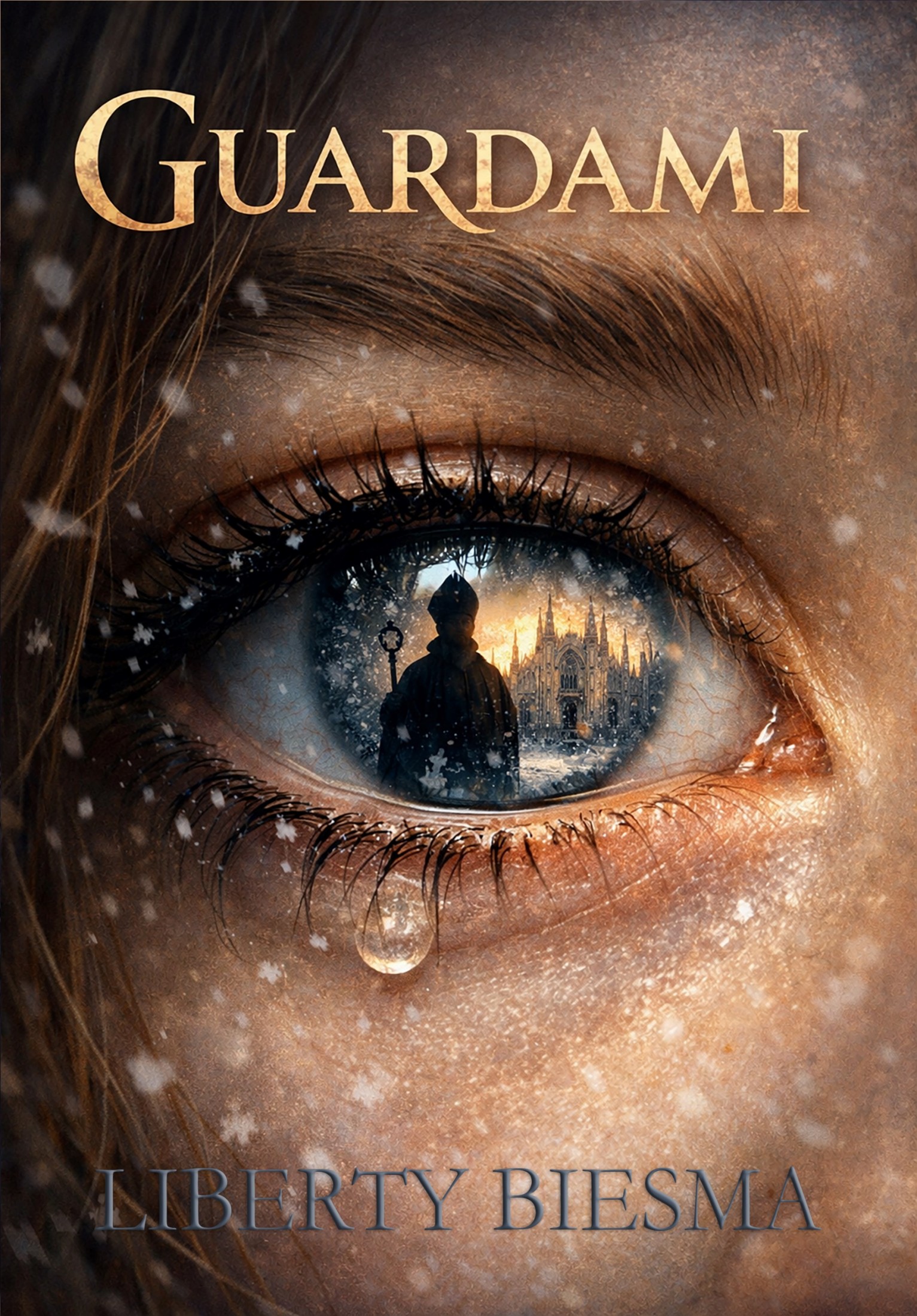Boekomslag Guardami: close-up van een oog met traan en sneeuw; in de iris een silhouet van een bisschop en de Duomo van Milaan.