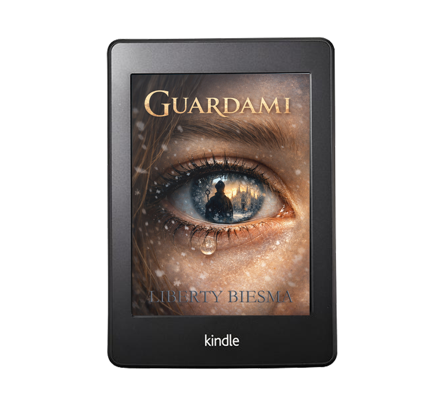 Kindle e-reader met op het scherm de cover van Guardami van Liberty Biesma: close-up van een oog met traan, sneeuw en de Duomo van Milaan in de iris.