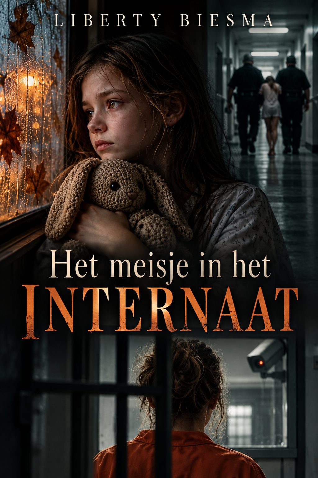 Boekomslag van Het meisje in het internaat, een psychologische thriller van Liberty Biesma, met een meisje met een gehaakte knuffel en een dreigende institutionele omgeving.